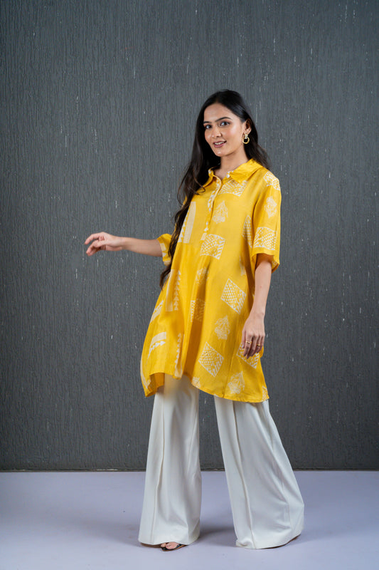 stylish oversize mul silk yellow kurta for a contemporary look