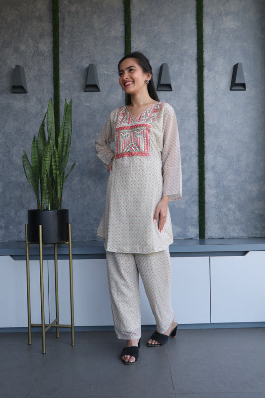 designer georgette kurta set with intricate neck work and lining for comfort