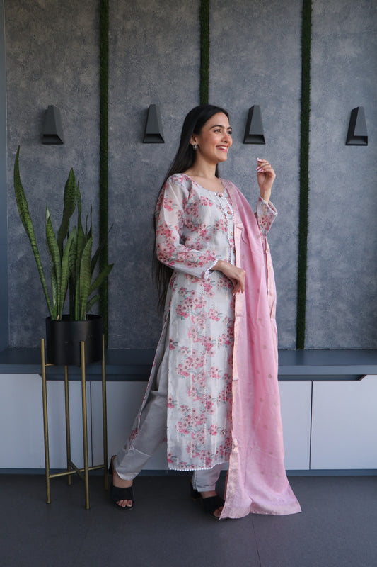 stylish ensemble featuring printed cotton silk kurta and luxurious banarsi silk dupatta