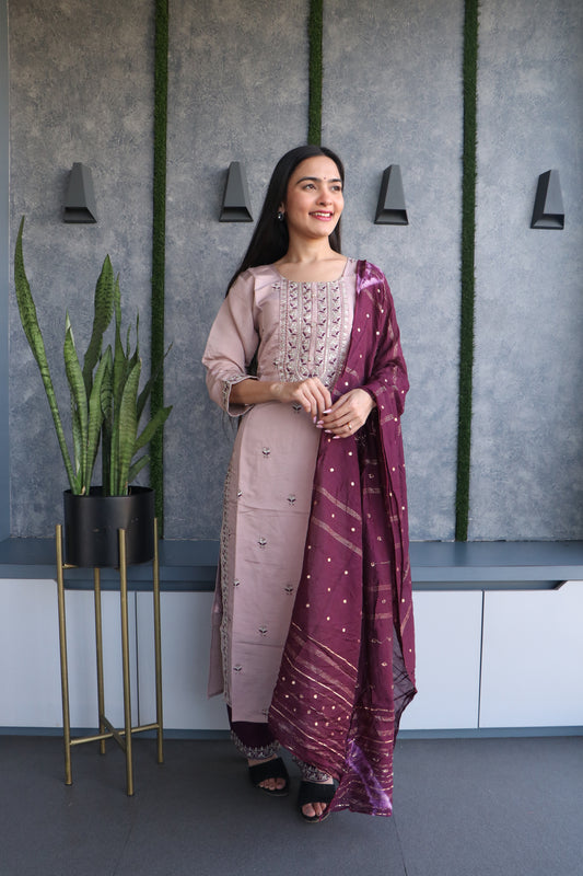 silk kurta set with heavy zari, sequin, and thread embroidery, complete with banarsi silk dupatta and thoughtful design details